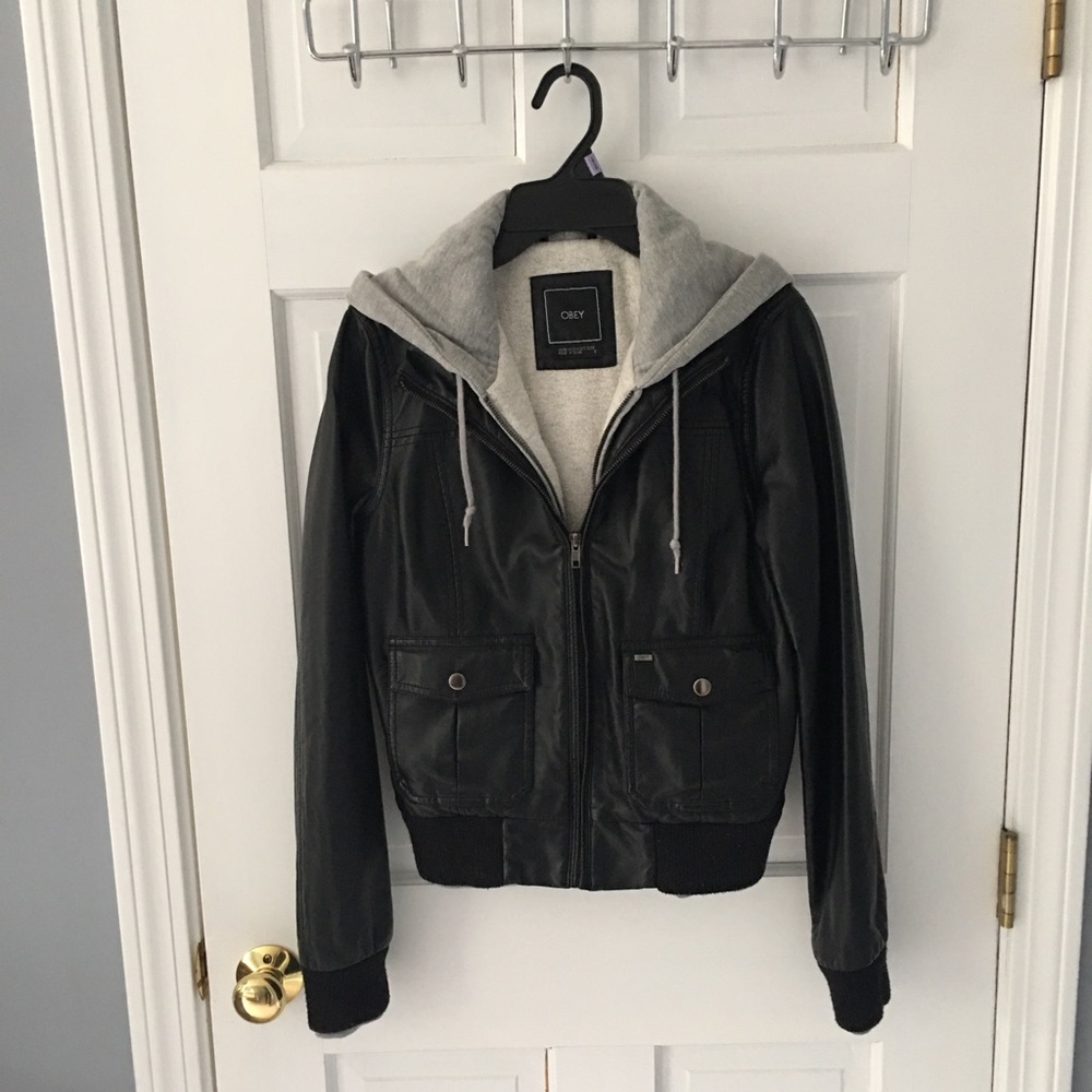 Obey black bomber jacket w attached hoodie. Size S